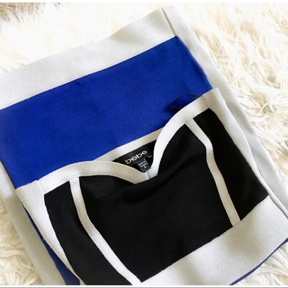 BEBE Strapless Color-block Blue Grey Body-con Stretch Dress L - Picture 2 of 3